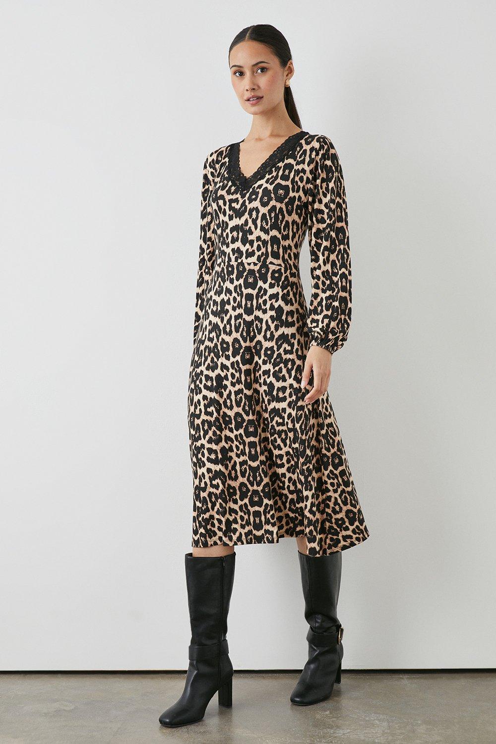 Leopard Print V Neck Jersey Lace Trim Dress