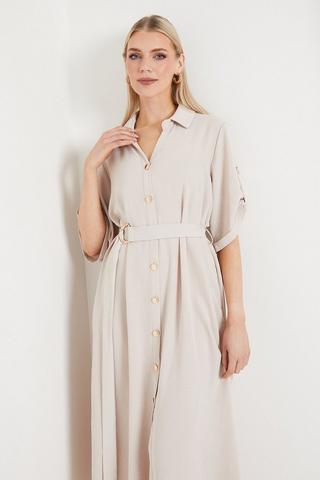 Product Belted Collared Shirt Dress stone
