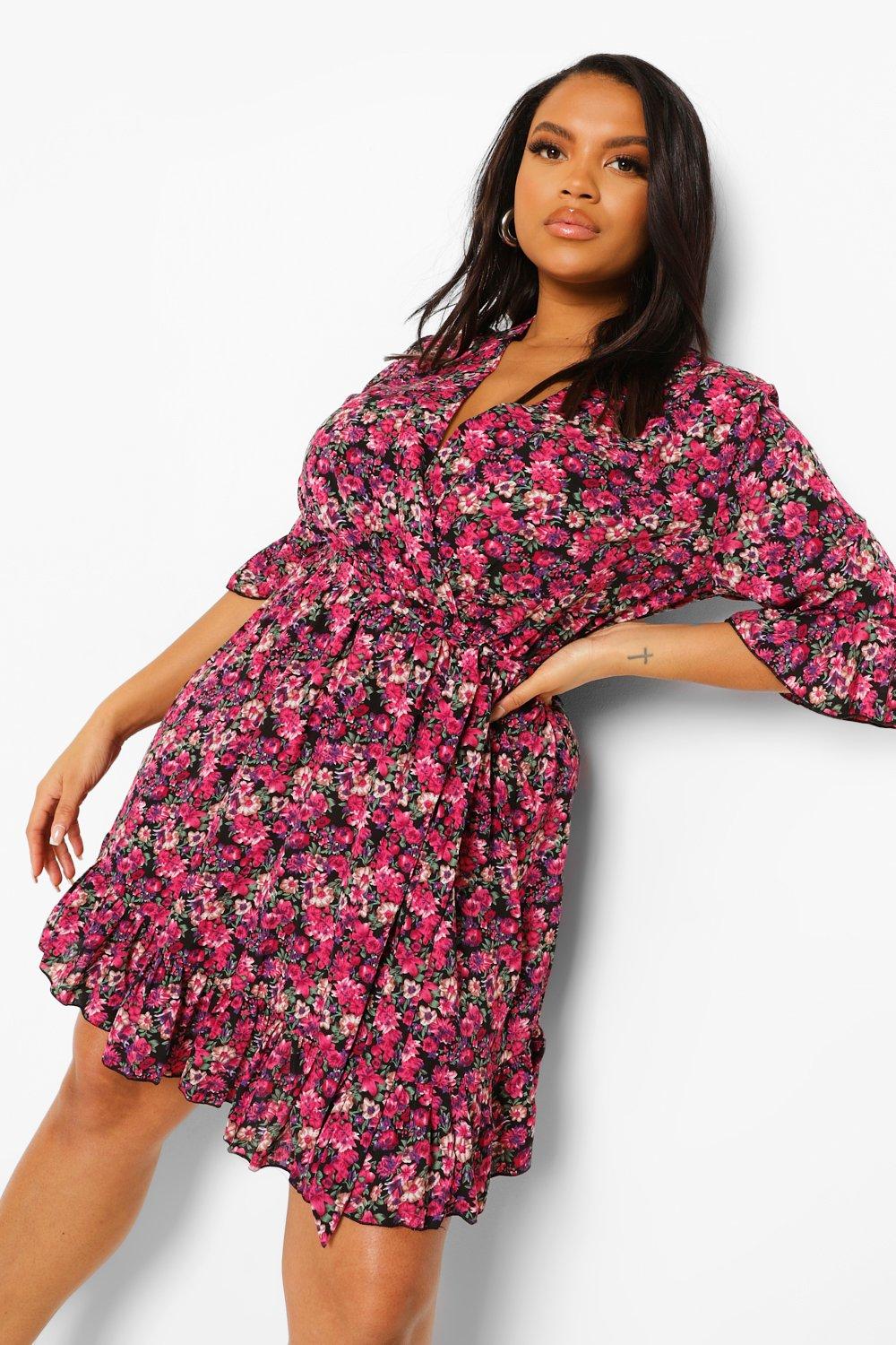 Plus Ditsy Floral Wrap Belted Dress