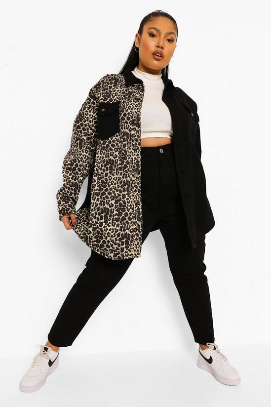 boohoo Plus Leopard Spliced Oversized Denim Shirt 3