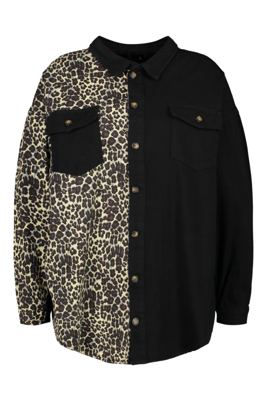 boohoo Plus Leopard Spliced Oversized Denim Shirt 5