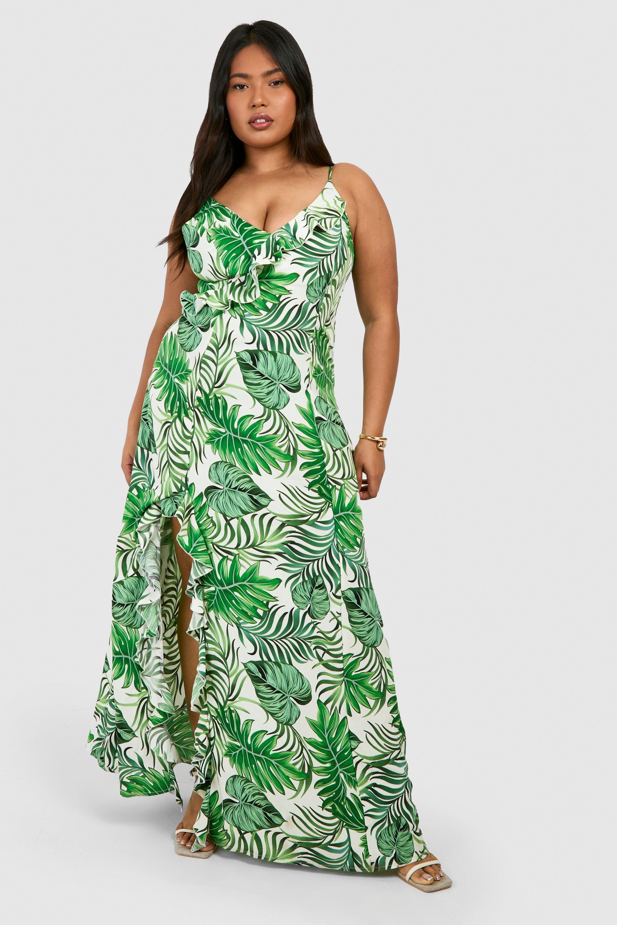 Plus Tropical Print Strappy Split Maxi Dress