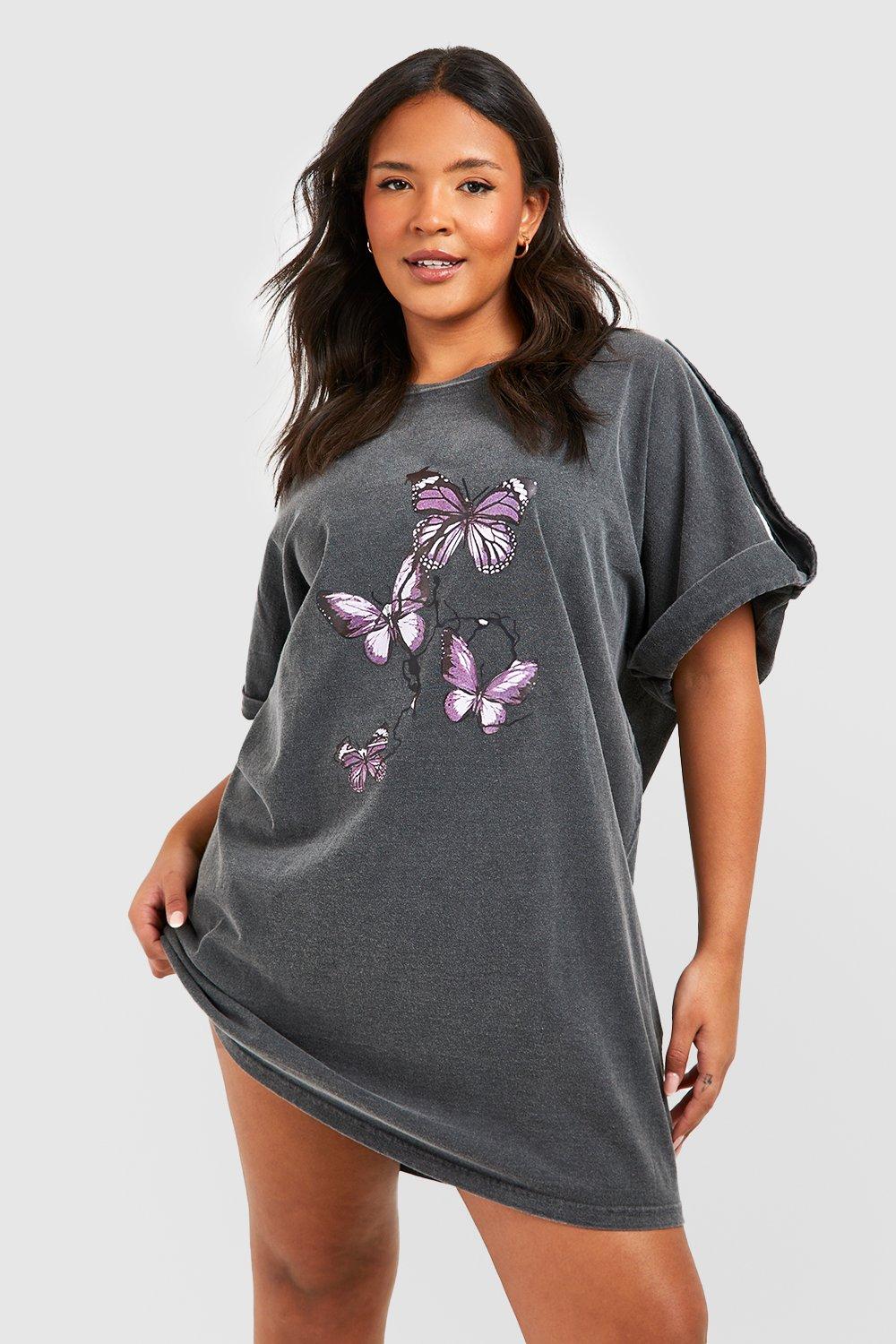 Plus Butterfly Acid Wash T-Shirt Dress
