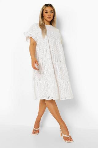 Product Plus Broderie Anglaise Tiered Midi Dress white