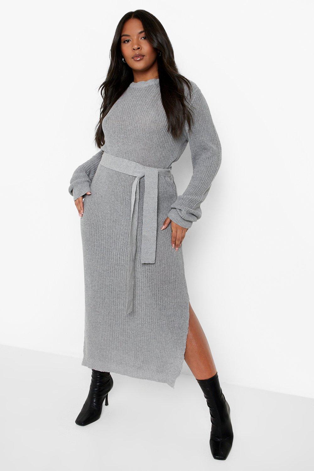 Plus Belted Knitted Midi Dress