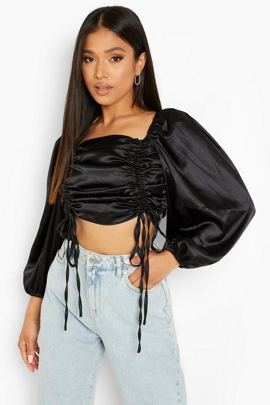 boohoo Petite Satin Ruched Front Balloon Sleeve Crop Top 1