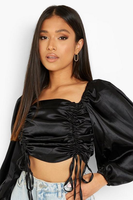 boohoo Petite Satin Ruched Front Balloon Sleeve Crop Top 4