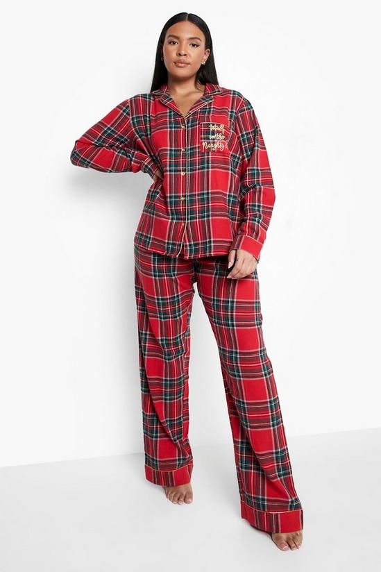 boohoo Plus Christmas Naughty List Slogan Tartan Check Shirt and Trousers Pyjama Set 1