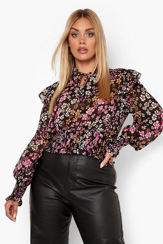 boohoo Plus Floral Ruffle Tie Front Blouse 1