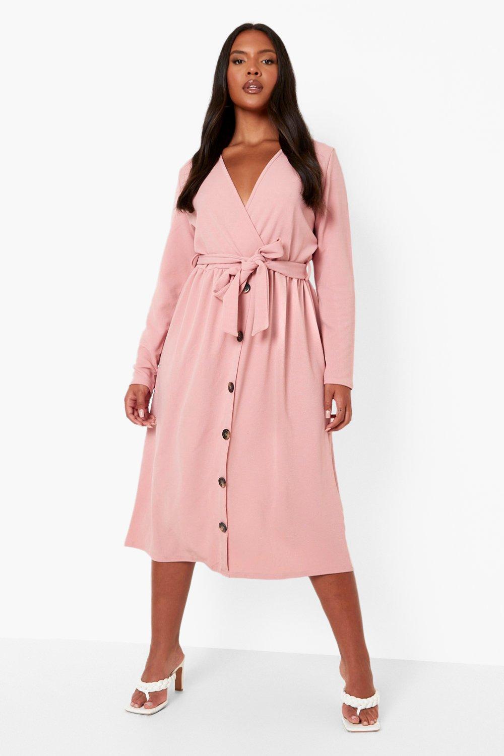 Plus Belted Button Long Sleeve Midi Dress