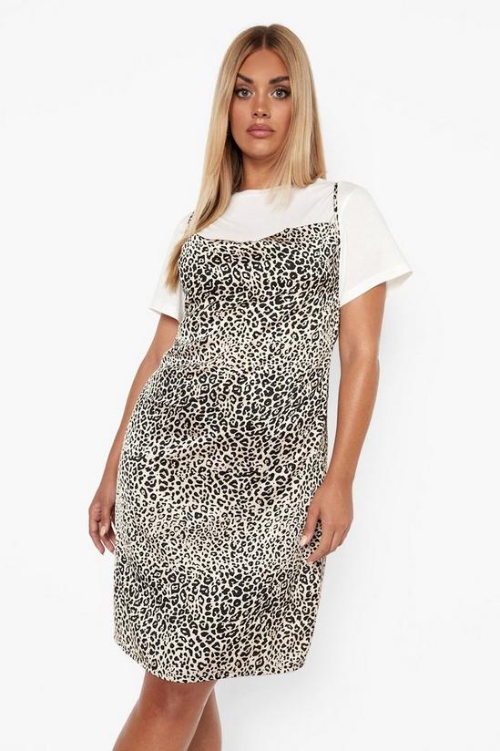 boohoo Plus Satin Leopard Slip 2 In 1 T-shirt Dress 1