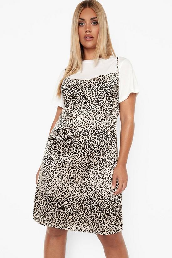 boohoo Plus Satin Leopard Slip 2 In 1 T-shirt Dress 4