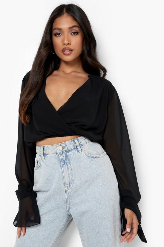 boohoo Petite Wrap Front Flare Cuff Woven Top 1