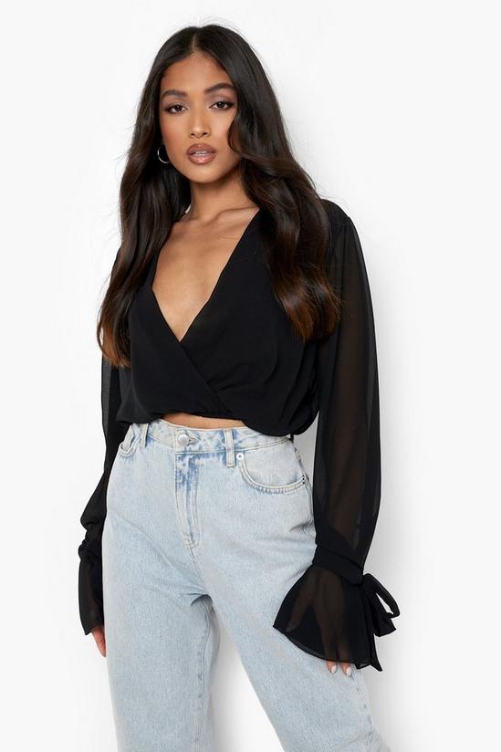 boohoo Petite Wrap Front Flare Cuff Woven Top 4