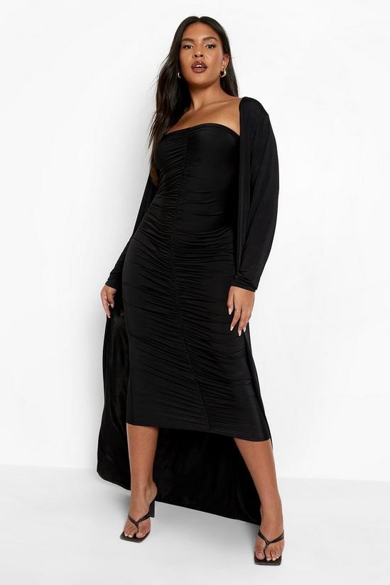 boohoo Plus Ruched Bandeau Dress And Maxi Duster 1