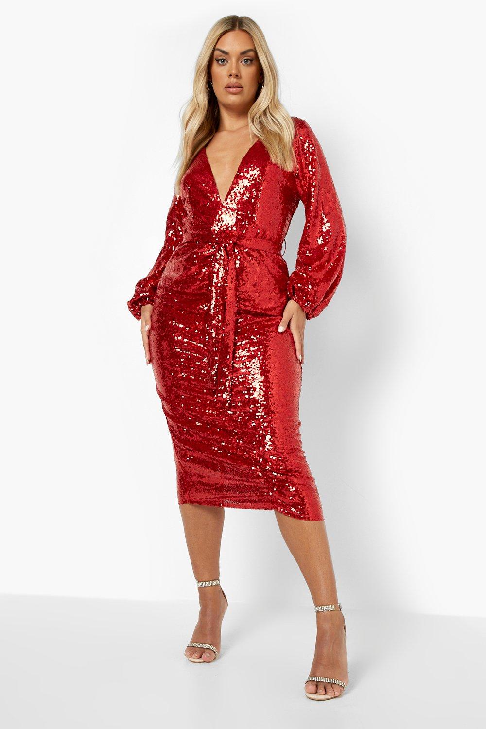 Plus Sequin Ruched Belted Midi Dress