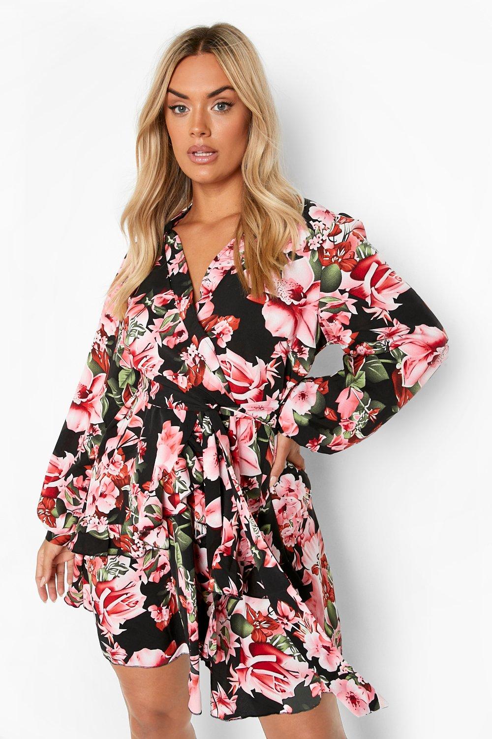 Plus Floral Ruffle Belted Skater Dress