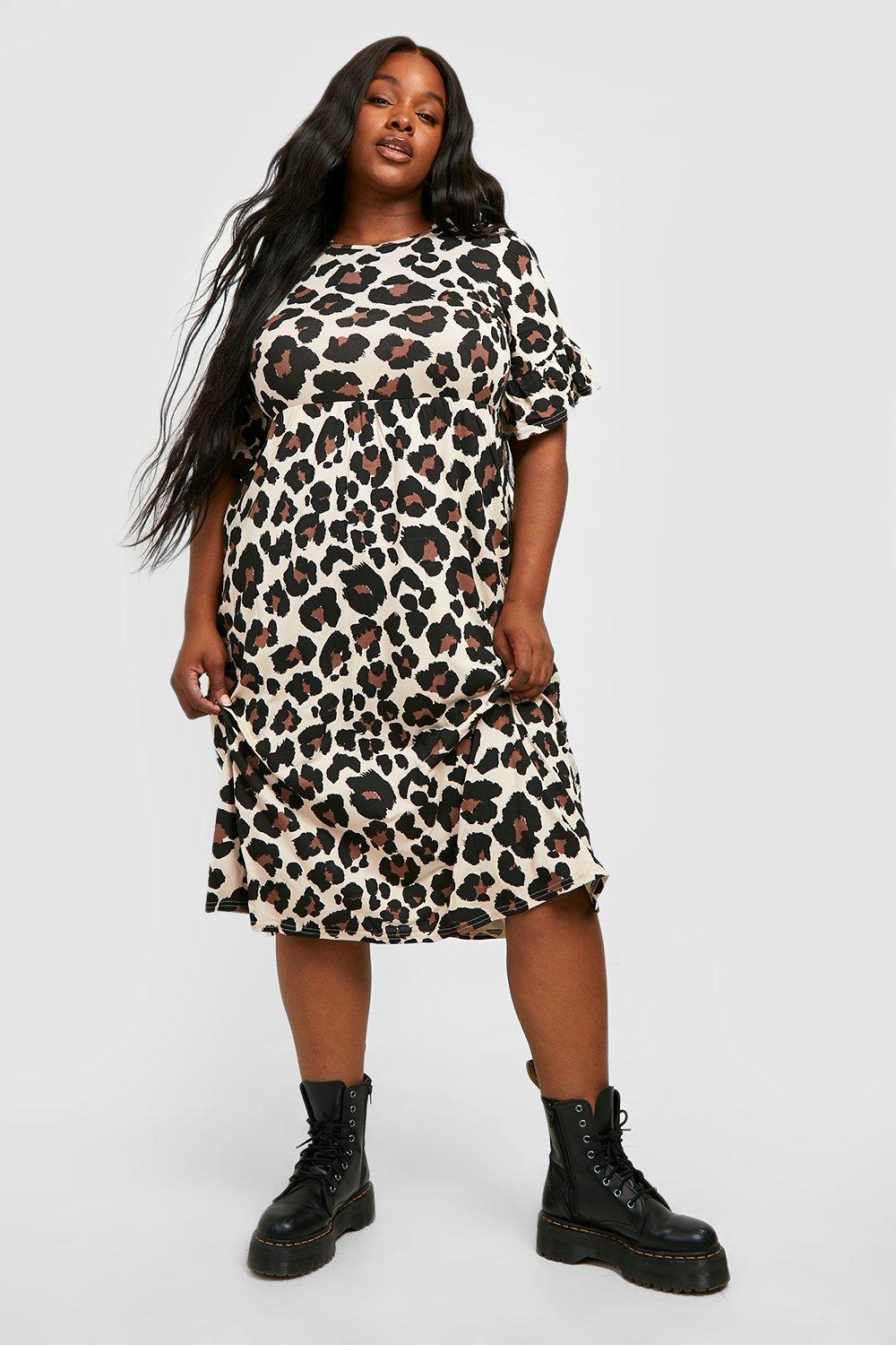 Plus Leopard Ruffle Midi Smock Dress