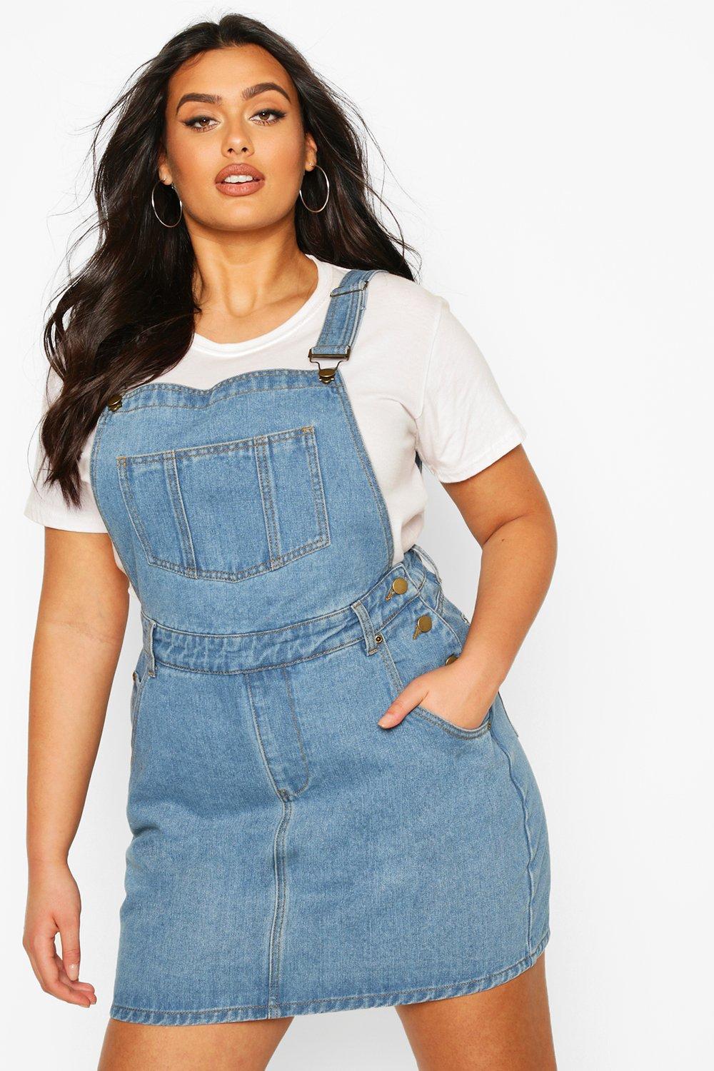 Women's Plus Denim Dungaree Frayed Hem Dress