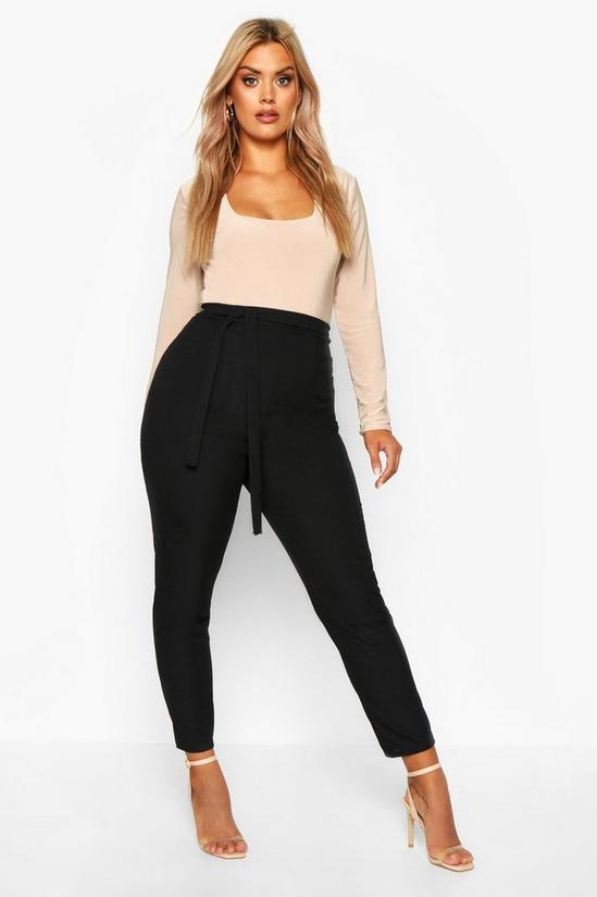 boohoo Plus Ribbed High Waisted Tie Waist Tapered Trousers 1