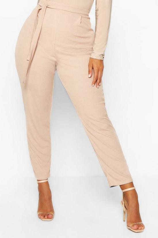 boohoo Plus Ribbed High Waisted Tie Waist Tapered Trousers 4