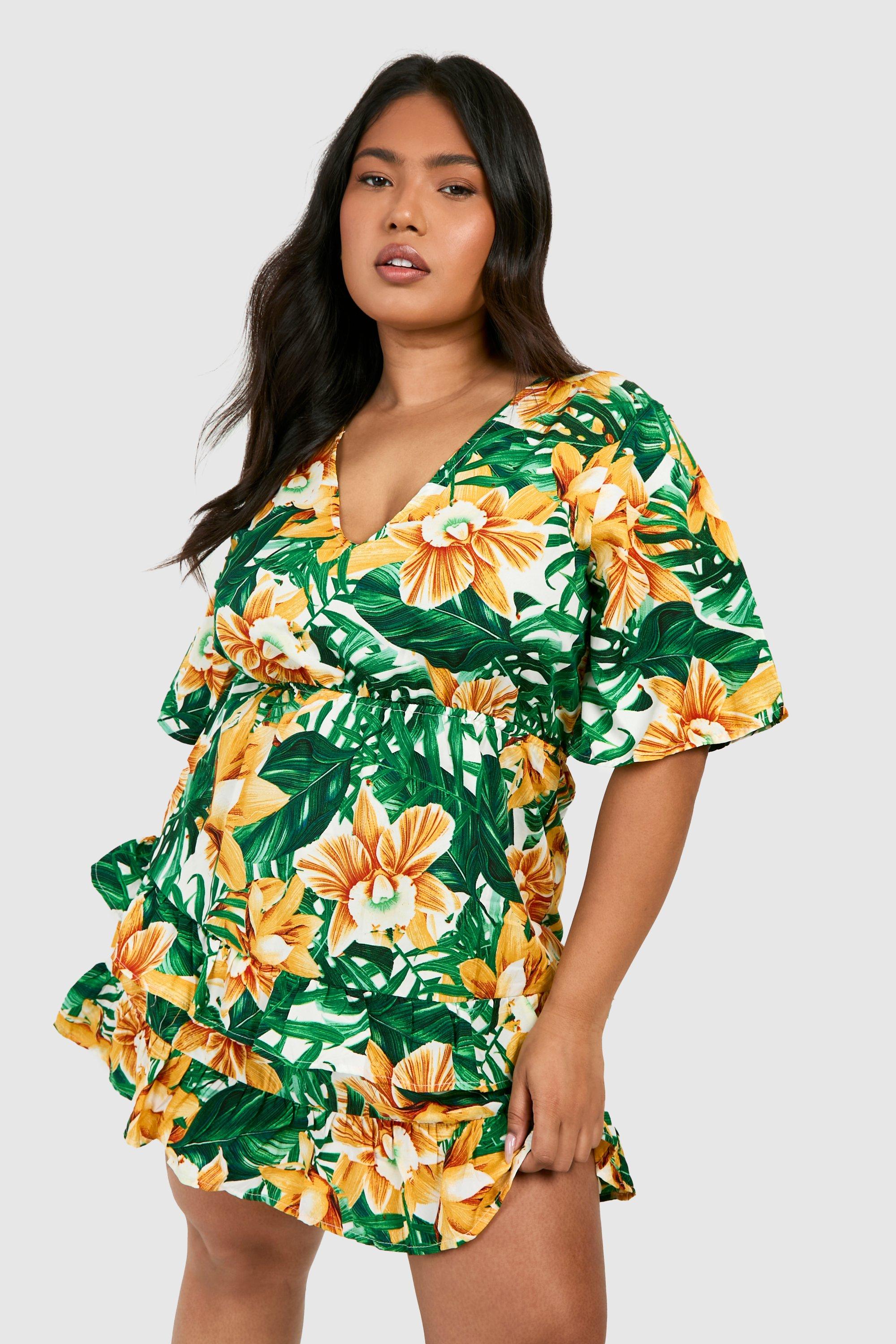 Plus Tropical Floral Ruffle Smock Dress