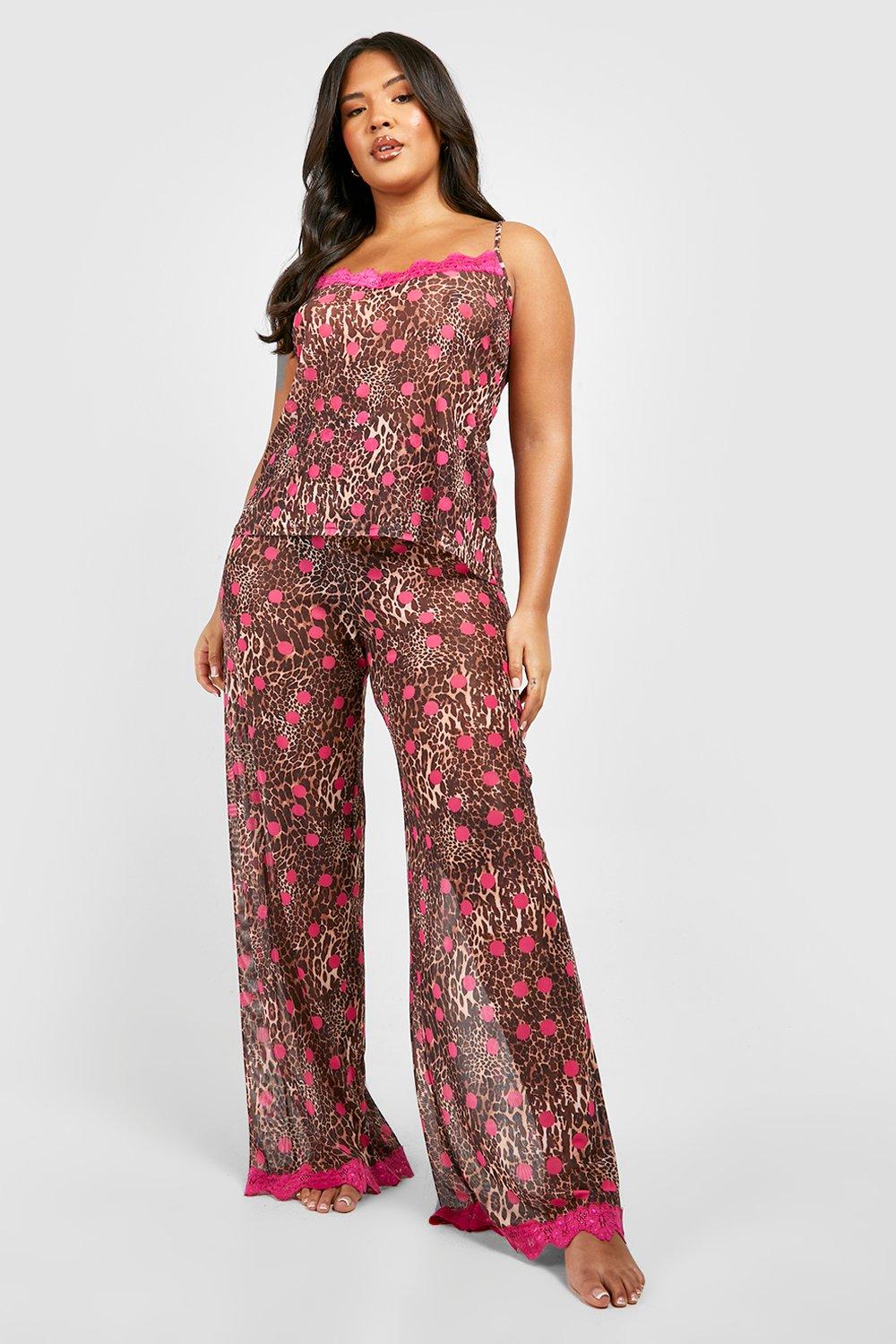 Plus Leopard Print Polka Dot Lace Trim Cami Top & Trousers Pyjama Set
