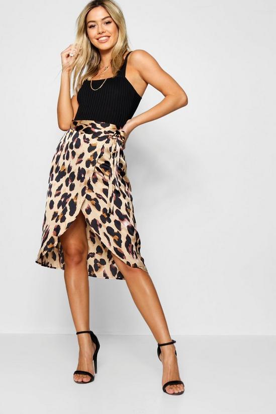 boohoo Petite Leopard Print Satin Wrap Midi Skirt 1