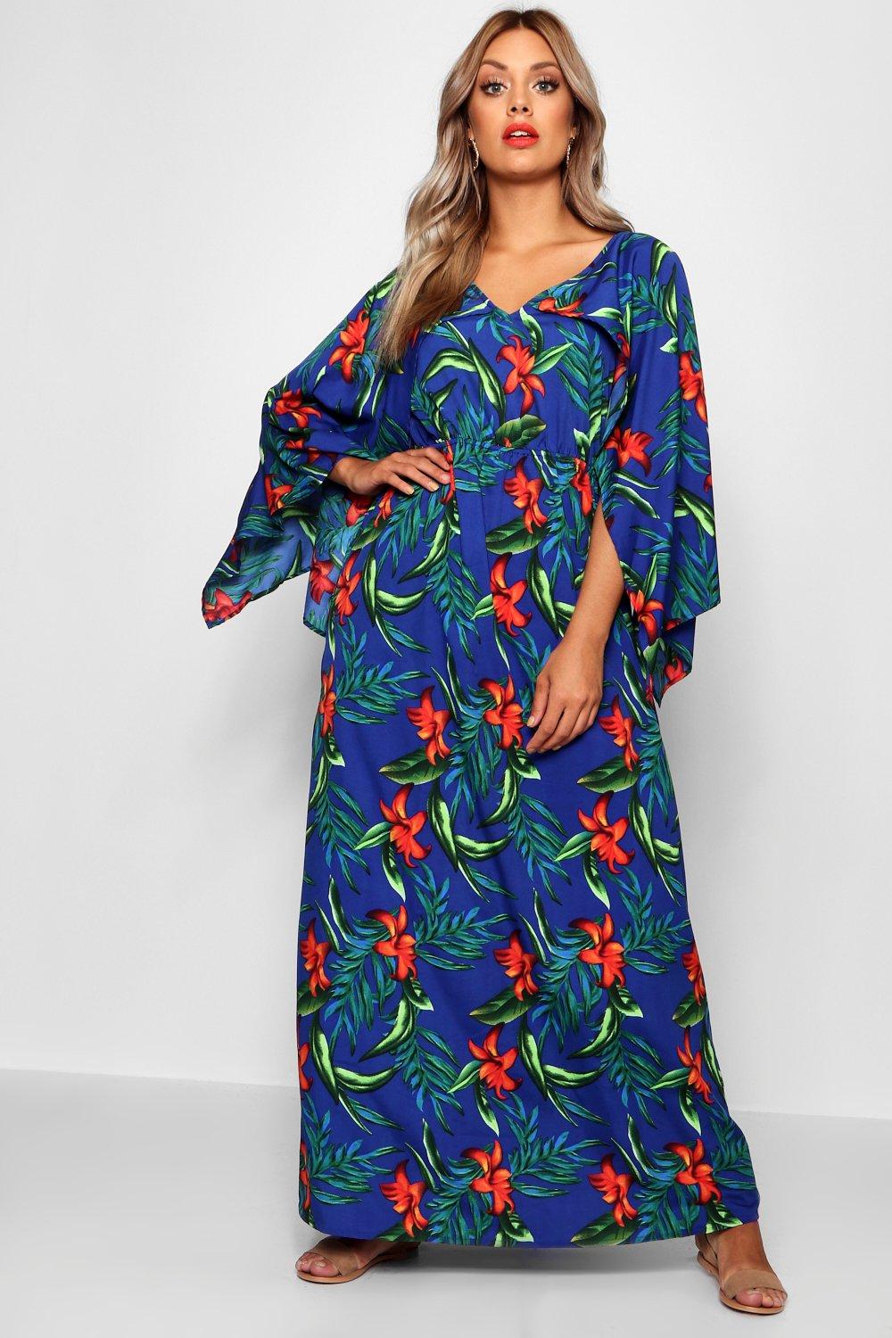 Plus Tropical Kimono Sleeve Maxi Dress