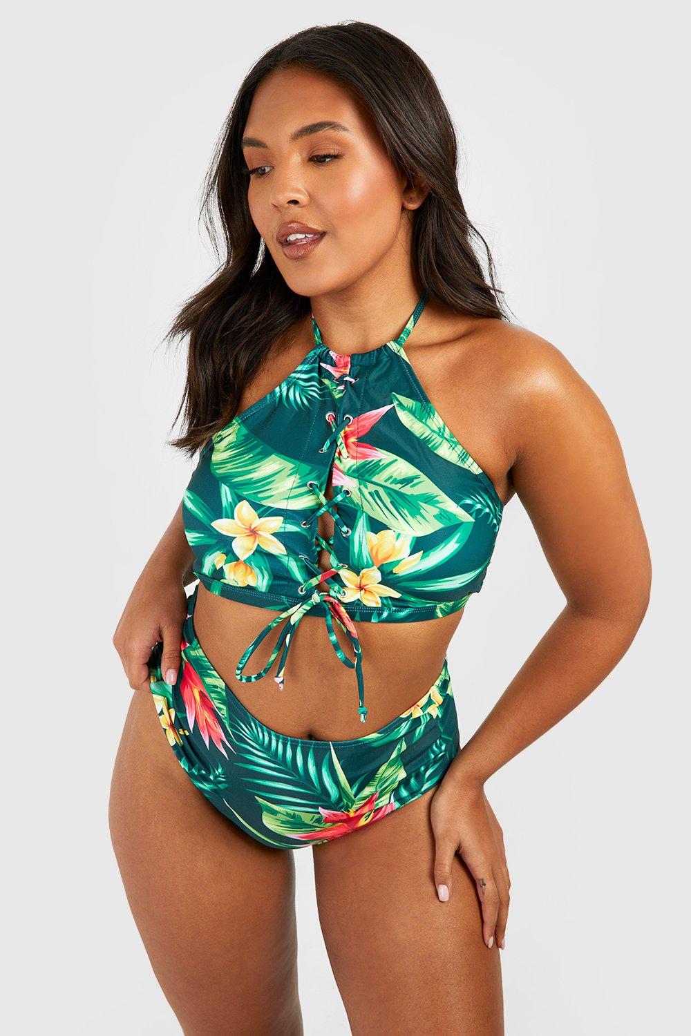 Plus Tropical Print Lace Up High Waisted Bikini