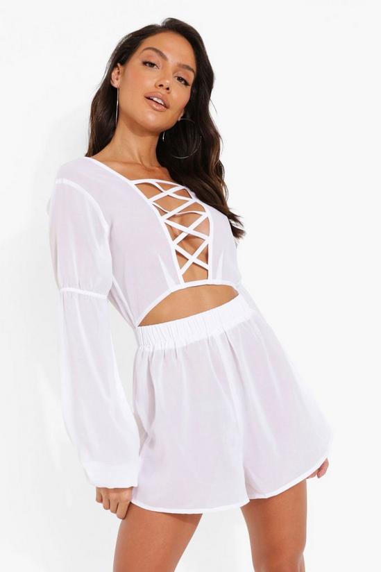 boohoo Lace Up Puff Sleeve Woven Playsuit 1