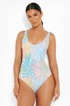 boohoo Pink Palm Scoop Neck Swimsuit thumbnail 1