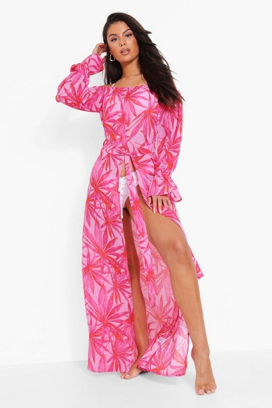boohoo Pink Palm Chiffon Bardot Beach Dress 1