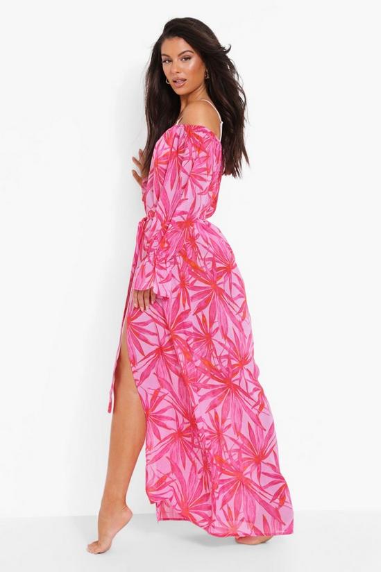 boohoo Pink Palm Chiffon Bardot Beach Dress 2