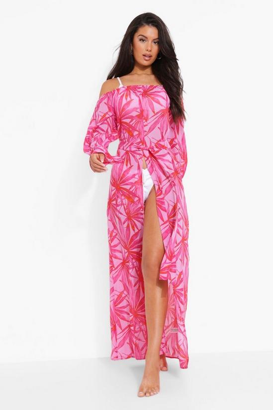boohoo Pink Palm Chiffon Bardot Beach Dress 3