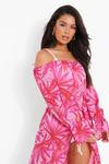 boohoo Pink Palm Chiffon Bardot Beach Dress thumbnail 4