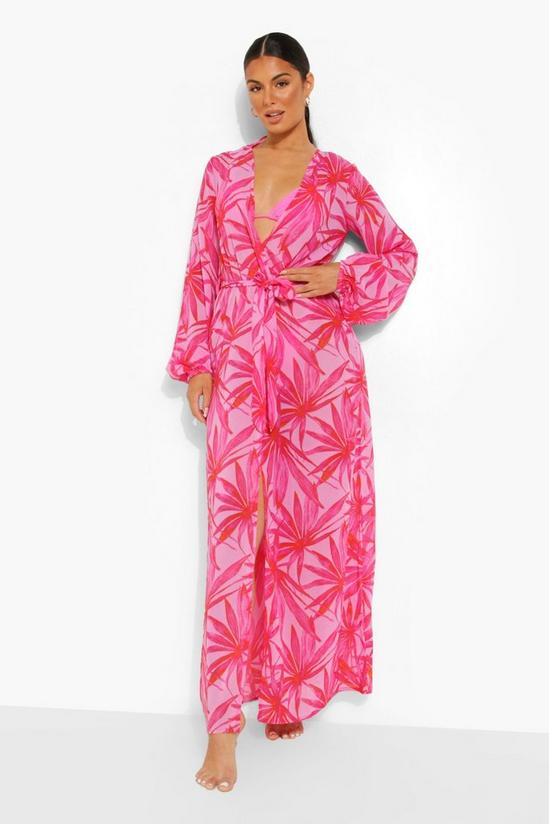boohoo Pink Palm Maxi Chiffon Beach Kimono 1