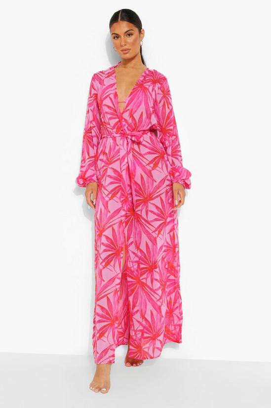 boohoo Pink Palm Maxi Chiffon Beach Kimono 3