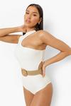 boohoo Cut Out Detail Swimsuit With Rafia Belt thumbnail 3