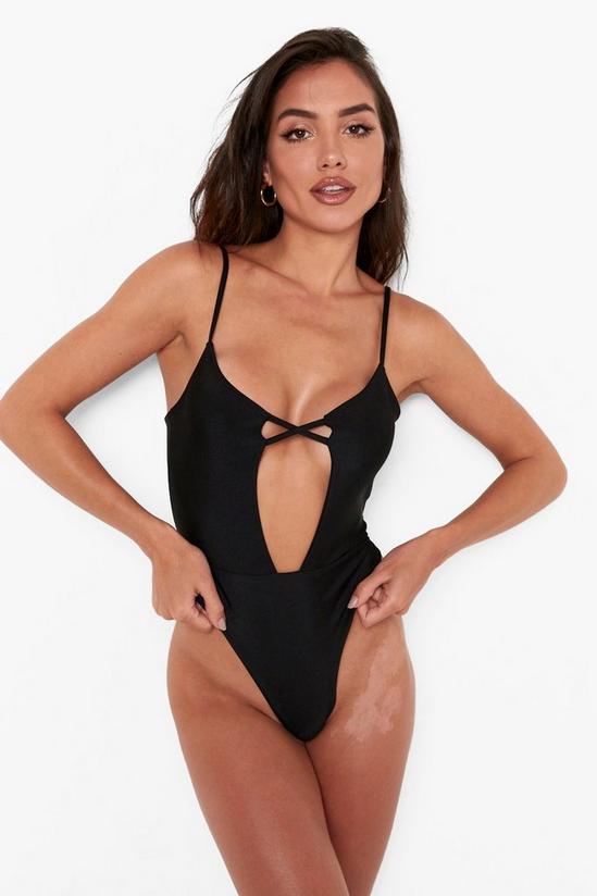 boohoo Plunge Front Cross Strap Cut Out Swimsuit 1