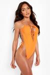boohoo Extreme Ruched Tie Strappy Swimsuit thumbnail 1