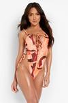 boohoo Extreme Ruched Printed Tie Strappy Swimsuit thumbnail 1