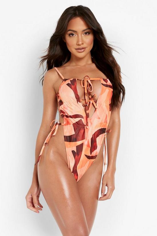 boohoo Extreme Ruched Printed Tie Strappy Swimsuit 1