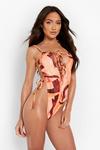 boohoo Extreme Ruched Printed Tie Strappy Swimsuit thumbnail 4