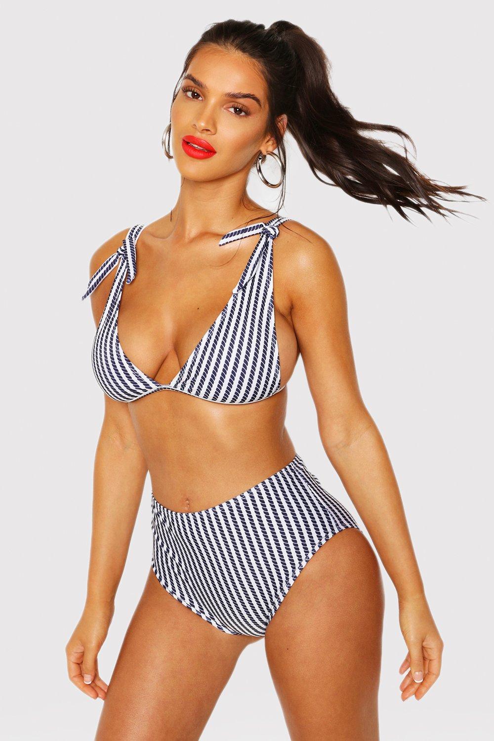 Nautical Tie Shoulder High Waist Bikini Set