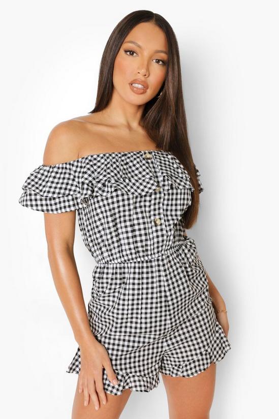 boohoo Tall Off The Shoulder Gingham Playsuit 1