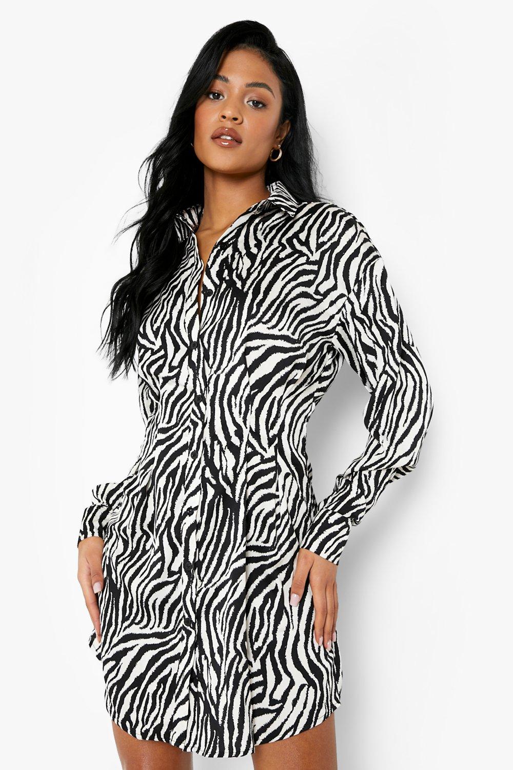 Tall Zebra Print Cinched In Waist Shirt Dress