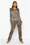 boohoo Tall Satin Leopard Print Pyjama Trouser Set thumbnail 1