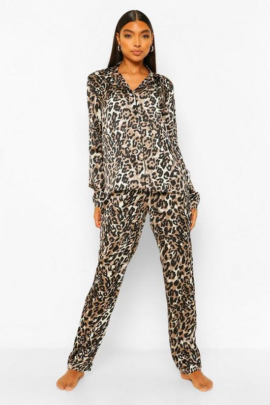 boohoo Tall Satin Leopard Print Pyjama Trouser Set 1