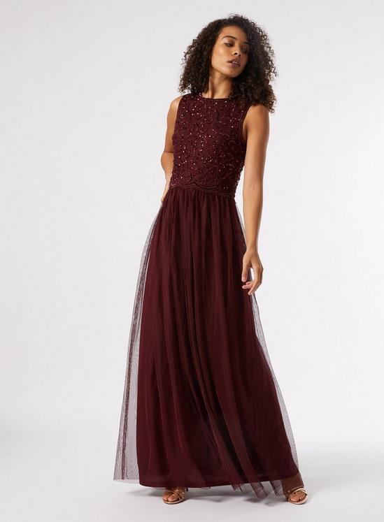 Dorothy Perkins **Showcase Tall Burgundy Embellished Tulle Maxi Dr 2